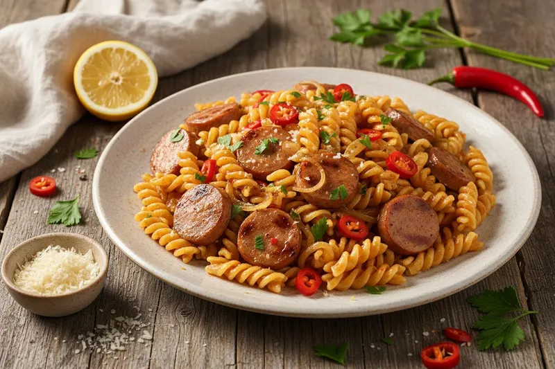 Bratwurstipasta chilillä