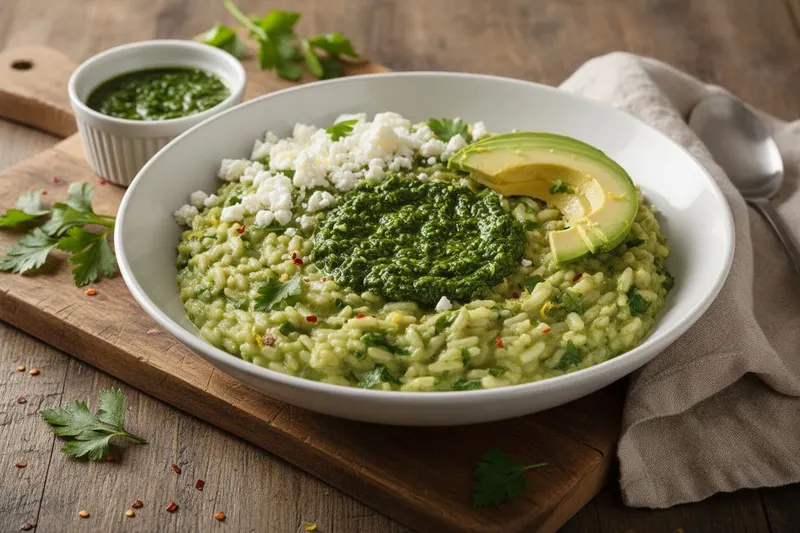 Chimichurririsotto avokadon ja salaattijuuston kera
