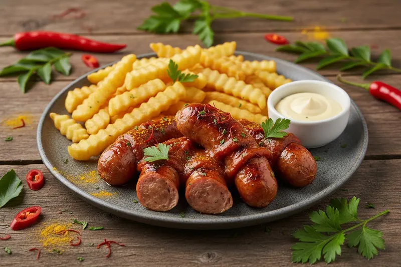 Currywurst chilikastikkeella ja ponzu-majoneesilla