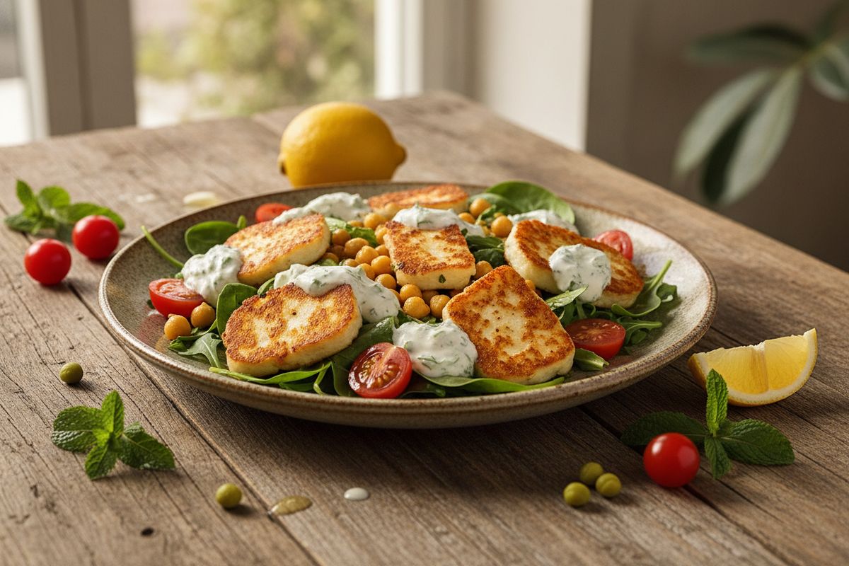 Halloumi-salaatti tzatziki-kastikkeella