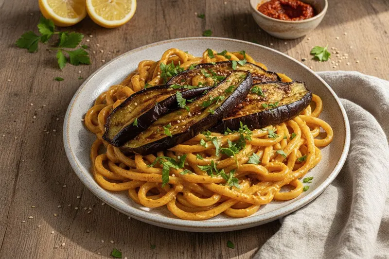 Harissa-nuudelit paahdetulla munakoisolla