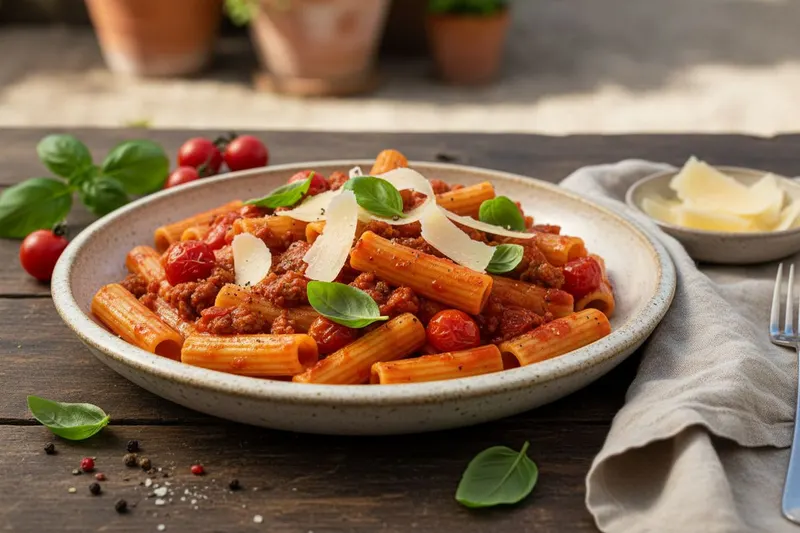 Italialainen kesäpasta raakamakkaralla ja kirsikkatomaateilla