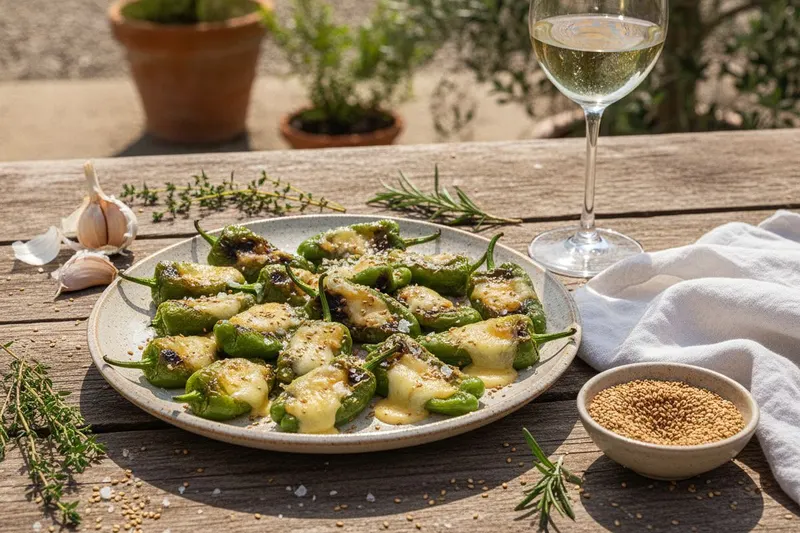 Juustotäytteiset grillatut pimientos de padrón