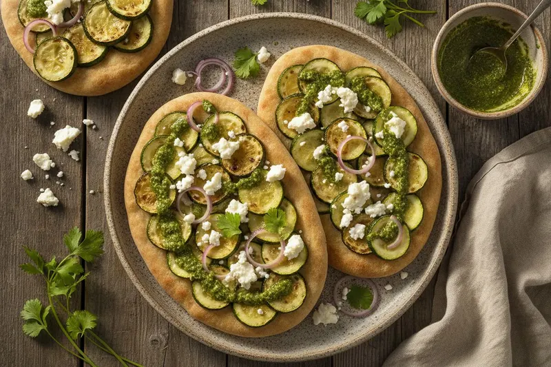 Kesäkurpitsaflatbread chimichurrilla ja fetalla