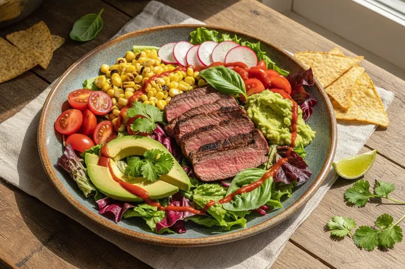 Meksikolainen pihvisalaatti guacamolella