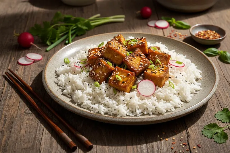 Rapea tofu valkosipuli-inkiväärikastikkeella