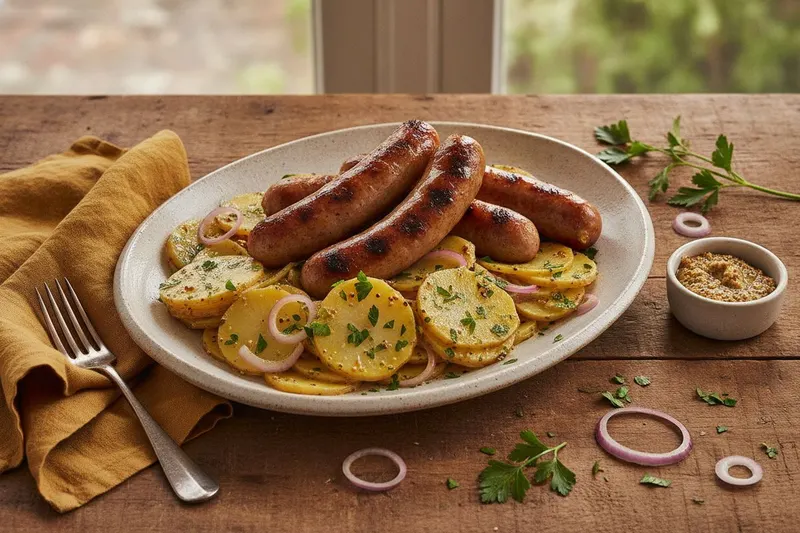 Bratwurstit ja lämmin perunasalaatti